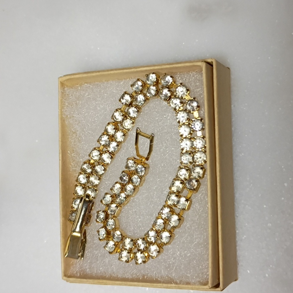 VTG 60s Double Strand Clear Rhinestone+Gold Tone  Bracelet Fold Clasp 9L Weiss?